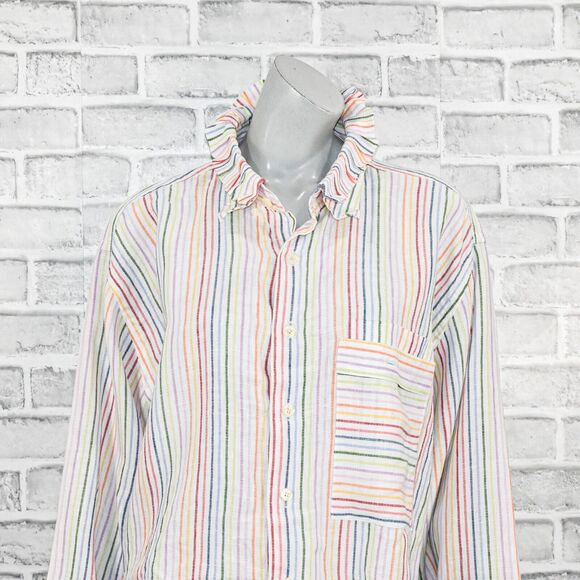 BANZO Women's 100% Linen Antique Ruffle Collar Boxy Shirt Striped multi sz XL - Picture 8 of 11